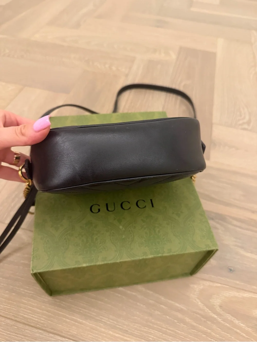 Gucci Black Chevron Quilted Leather Mini Crossbody with Gold GG